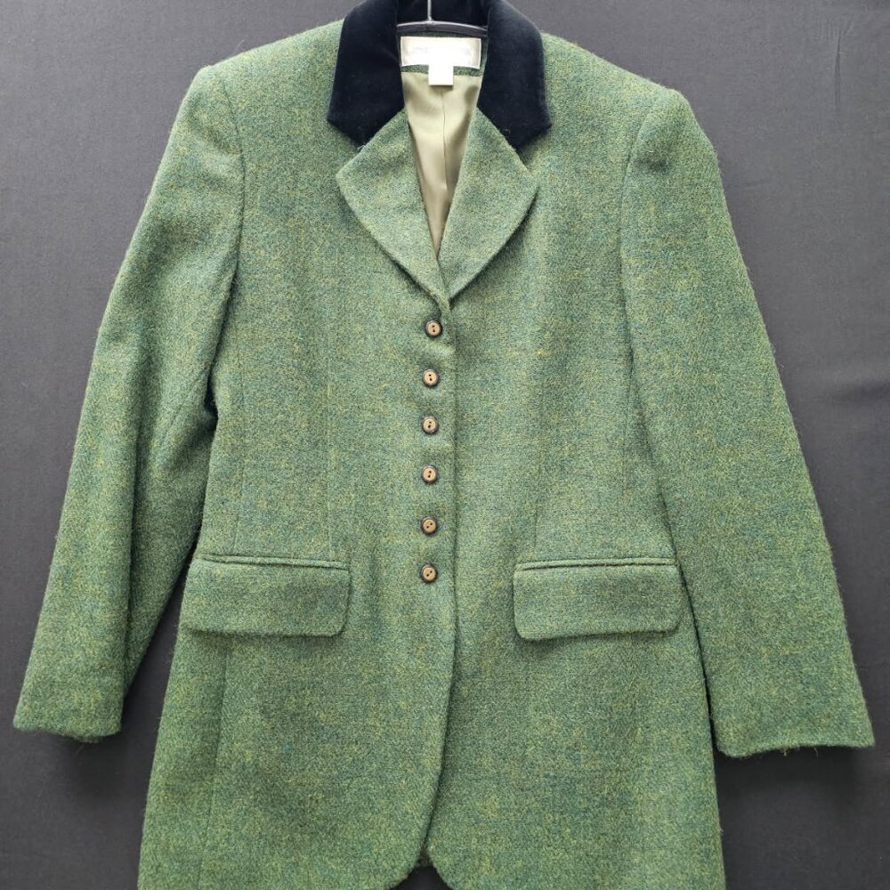 Jones of New York, Wood Tweed Coat, Women's 4, Forest Green, Black Velvet Collar